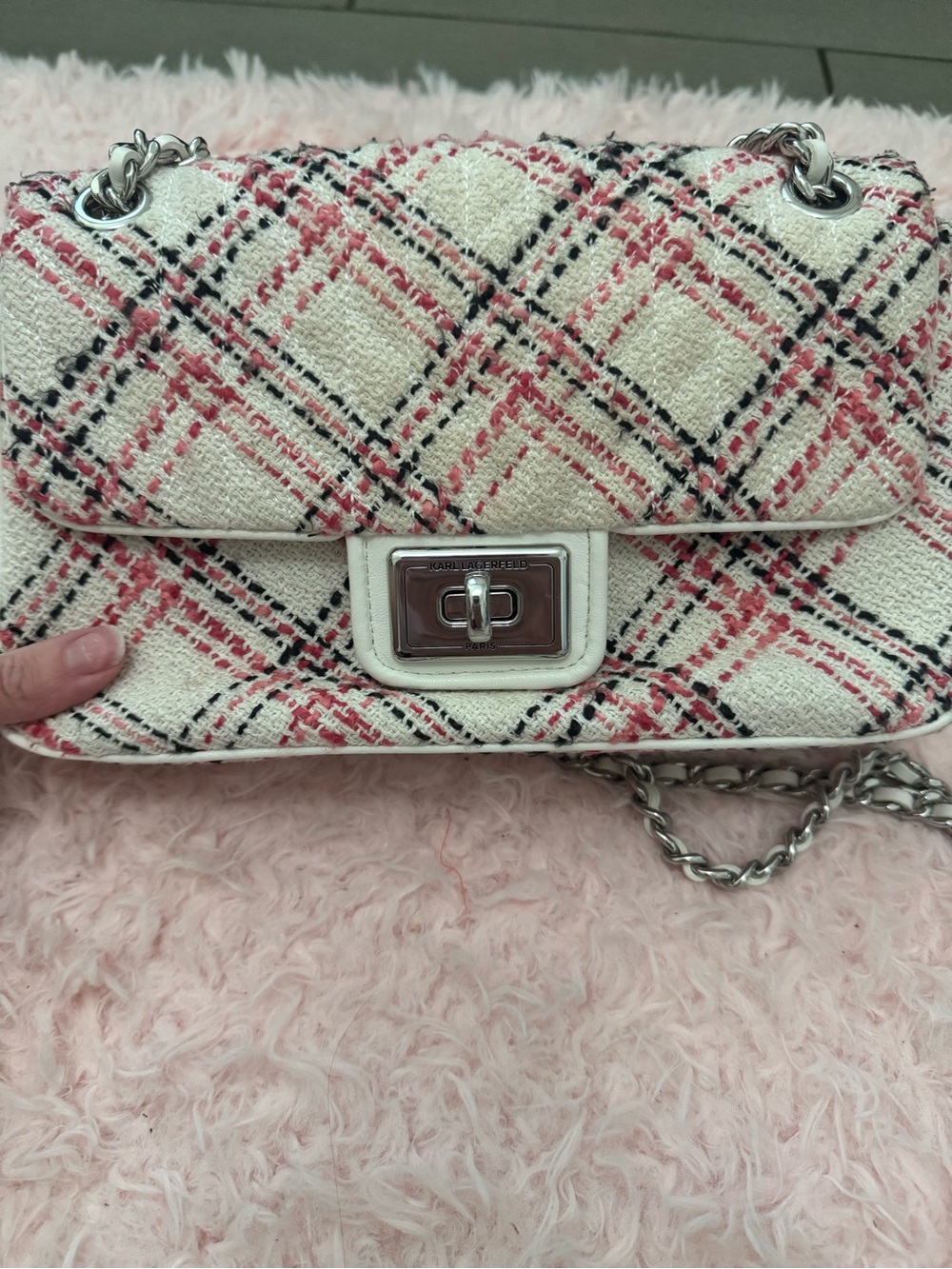 Karl Lagerfeld Pink White and Black Tweed Chain Shoulder Bag